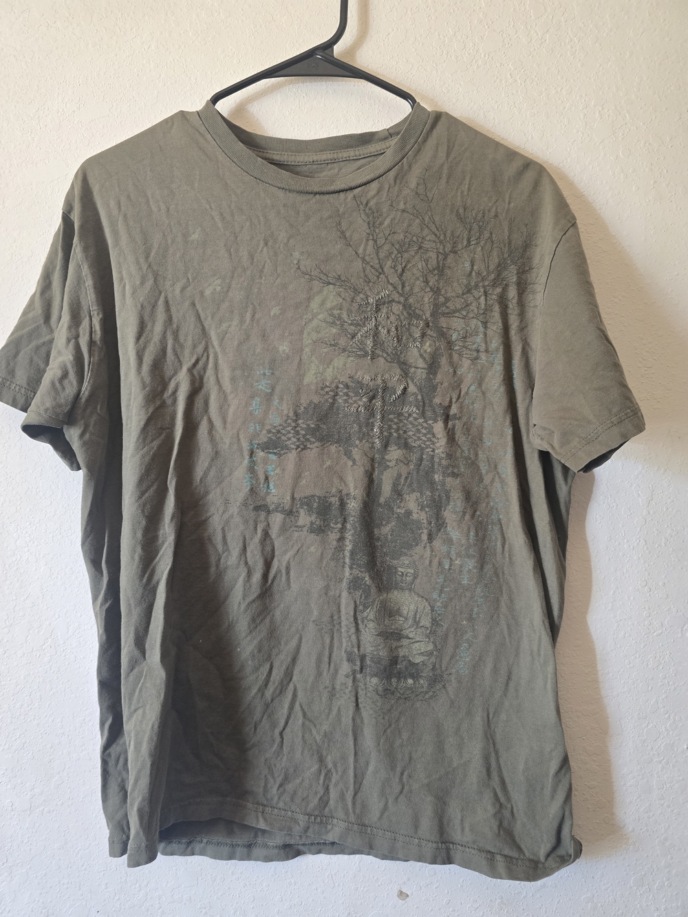 Stranded Olive Short Sleeve Graphic Tee with Teal Print Buddah